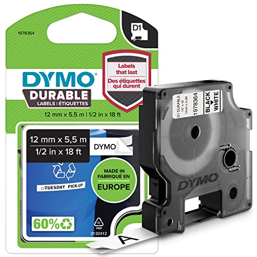 Hållbara DYMO D1-originaletiketter | Svart utskrift på vit tejp | 12 mm x 5,5 m | Etikettejp med hög prestanda för LabelManager-märkmaskiner
