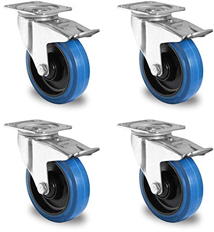 Rollensatz 4 Lenkrollen mit Feststeller 100 mm Elastik Blue Wheels