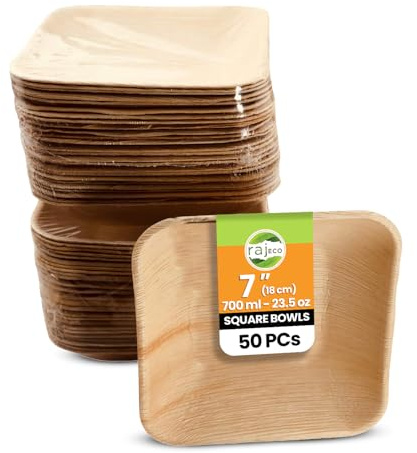 Raj Palm Leaf Square Bowls 7 (18cm) | 50 Pack | Compostable | Strong like bamboo, fully biodegradable. Perfect for large meals, camping, BBQ & eco gatherings.
