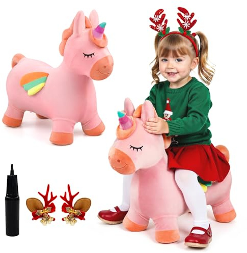 EVERICH TOY Bouncy Horse Unicorn Toys, Inflatable Bouncing Animal Hopping Toys, Outdoor Indoor Ride on Bouncer, Boys Girls Birthday Gift for 18 Month 2 3 4 5 6 Year Old Kid- Plush Unicorn Toy