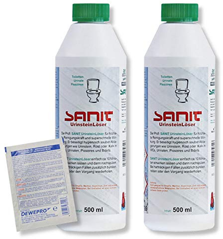 DEWEPRO-Set: SANIT Urinsteinlöser 3031-2 Flaschen à 500ml - WC-Reiniger - Kalklöser - für höchste Reinigungskraft - WC Reiniger extra stark, inkl. 1 St. DEWEPRO® Single Scrubs