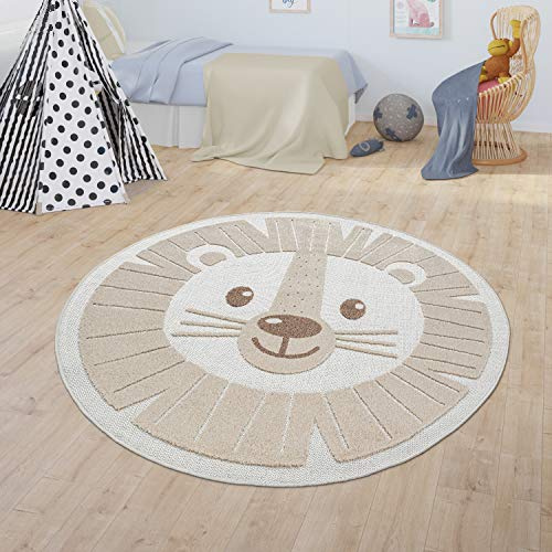 Paco Home Kinderteppich Kinderzimmer Outdoor Teppich Rund Spielteppich Modern 3D Effekt, Grösse:Ø 120 cm Rund, Farbe:Beige