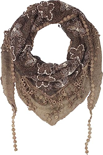 fashionchimp Damenschal mit Zier-Quasten und Muster-Mix Stickerei, Fransen-Schal, Dreieck-Tuch (Blumen-Beige)