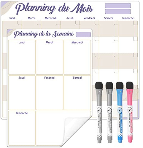 ANLIOTE Calendrier Tableau Blanc Planning Mois et Semaine Auto Adhésif pour Mur, Frigo, Surfaces Lisses Nano Technologie, Calendrier Mural 2026, Planificateur de Menus, Organisateur Familial,4 Feutres