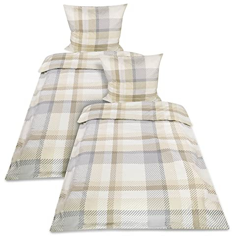 Beautissu Set da 2 Copripiumino in flanella 155x220 Mira - Federa Cuscino 80x80 - Biancheria da Letto Singolo, in 100% cotone, dotato di cerniera - Beige