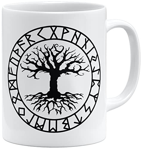 OM3® Yggdrasil Runen Tree of Life Tasse | Keramik Becher | 11oz 325ml | Sons of Odin Wikinger Nordic Warrior | Weiss