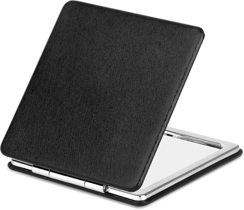 YTLX Miroir de maquillage compact pour pochette de poche, miroir cosmétique pliable grossissant 1x/2x, miroir de voyage portable pour la beauté, miroir de courtoisie élégant noir pour homme et femme
