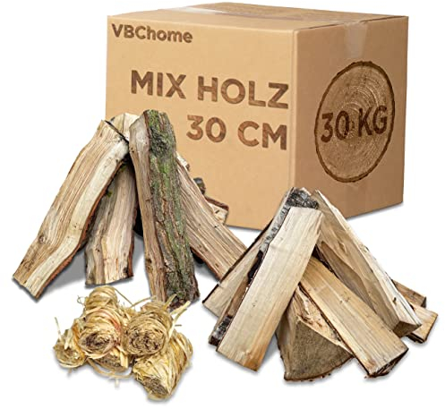 VBChome Brennholz aus Hartholz 30 kg Eiche Espe Birke 30cm Getrocknetes Kaminholz für Lagerfeuer und Ofen Kaminöfen Feuerholz Auswahl 10-500 kg Natürlich Einsatzbereit