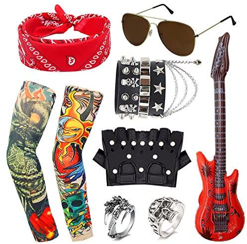 11-teiliges Punk-Gothic-Rocker-Kostüm-Set, Rock-Schwermetall-Zubehör mit Retro-Sonnenbrillen, Handschuhen, Bandana, gefälschte Tattoo-Ärmel, Armband, Ringe, 80er-Jahre, Disco-Party