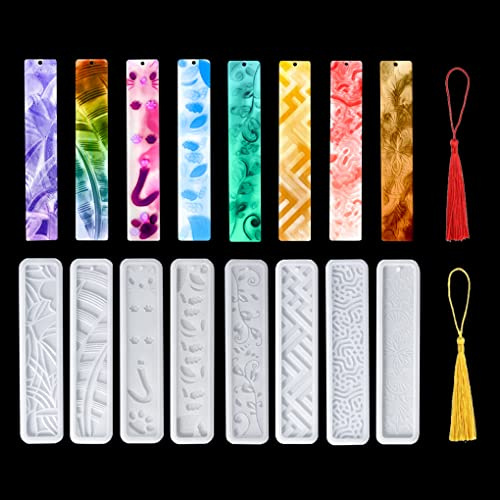 FineInno 2 Stück Lesezeichen Silikonform mit 10 Bunten Quasten (Farbe Zufällig) Bookmark Resin Molds Blätter Blumen Rechteckige Lesezeichen Harz Form Ohrringe Schmuck Gießform