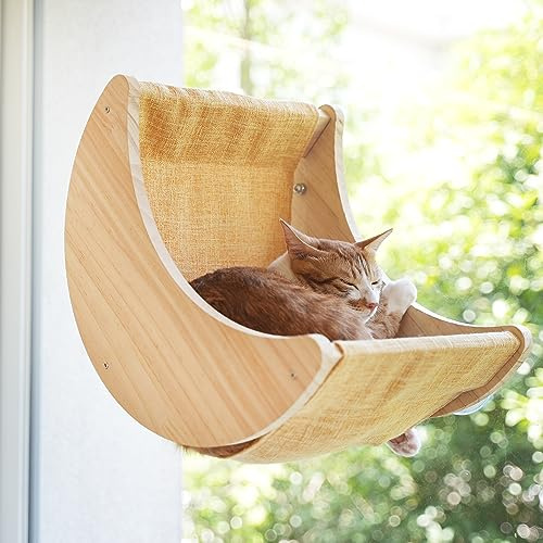 HAPYKITYS Window Cat Bed Moon Perches, Mounted with Strong Suction Cups Cat Window Seat for Sleep and Watch Birds | Window-Mounted, Drill-Free, Up to 40 lb Support, For Small to Medium Cats, Spacious Lounging Area, Machine-Washable Pad