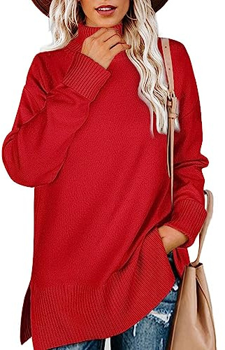 Aokosor Women Jumper Turtle Neck Tops for Ladies Ribbed Sweater Split Tunic