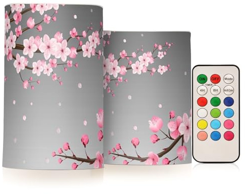 Quteprint Lot de 2 bougies LED sans flamme avec minuterie à distance vacillante, fleurs de cerisier japonaises à piles, fausses bougies chauffe-plat pour maison, salle de bain, Halloween, fête de Noël