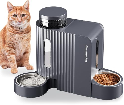 Gardner Pet 2 in 1 Distributore Automatico Cibo e Acqua Gatti (3L*2), Distributore Automatico Cibo Gatti con Ciotola in Acciaio Inox, GravitÀ Dispenser Crocchette Gatto, Senza BPA, Grigio Scuro
