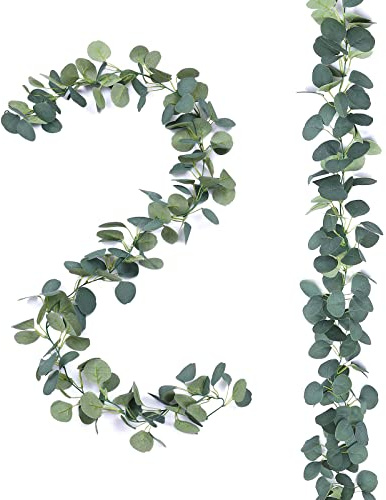 FUGZAUD 2 Pack Artificial Eucalyptus Garland Faux Silk Leaf Silver Dollar Eucalyptus Leaves Vines Handmade Garland Greenery Wedding Backdrop Indoor Outdoor Arch Wall Decoration