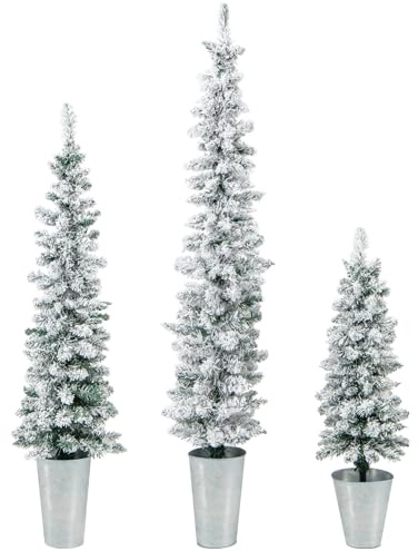 COSTWAY 3er Weihnachtsbaum Künstlich mit Schnee, 90+120+150cm, Tannenbaum Bleistift mit Sockel aus Metall, Kunstbaum Christbaum Weihnachten, für Zuhause Büro Geschäfte, Grün und Weiß