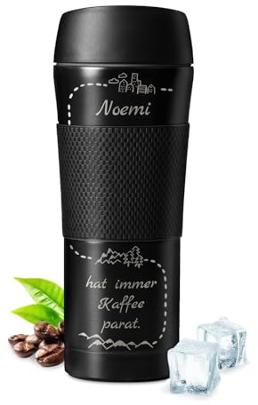 Maverton Thermobecher mit Gravur 450 ml - Kaffeebecher mit Anti-Rutsch-Griff und Quick-Press-Verschluss - Edelstahl Reisebecher auslaufsicher 100% dicht - für Frauen zum Geburtstag - schwarz - parat