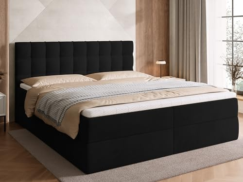 BROMARKT Boxspringbett 180x200cm mit Topper und Bettkasten H3 Schwarz | Doppelbett für Schlafzimmer mit Bonell Matratze Stauraum und gepolsterte Kopfstütze Bett Bed Einzelbett Federkern DETROIT