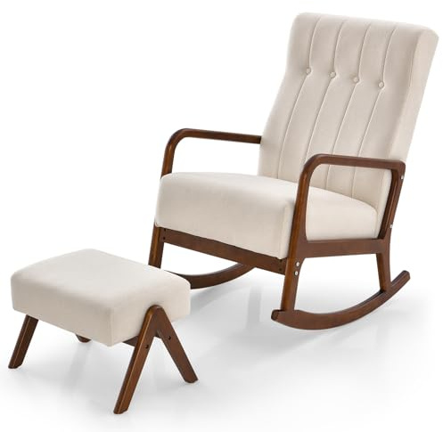 HOMASIS Sedia a Dondolo con Poggiapiedi, Set da Poltrona a Dondolo con Braccioli e Struttura in Legno Massello, Sedia Allattamento per Camera da Letto, Salotto, Fino a 150 kg, 97x65x104cm (Beige)
