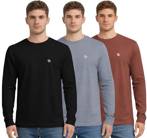Bahob® 3 Pack Men's Long-Sleeved T-Shirt Round Neck T-Shirts Comfortable Crewneck Neck Tops for Men Soft Cotton S-3XL