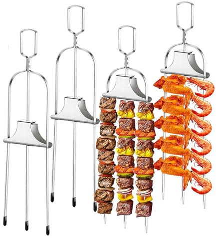 HOUSN 4 Stück Grillspieße zum Grillen, 3-Zinken Edelstahlspieße Grillspieße aus Metall Schaschlikspieße 3-Zinken Spieße für Fleisch Gemüse,Silber