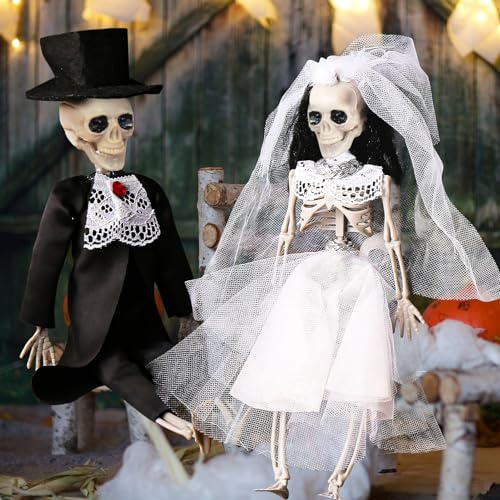Halloween Deko Skelett 30cm Gruselig Braut und Bräutigam Hängende | Halloween Skelett Deko aus Kunststoff, Halloween Tischdeko Halloween Dekoration für Outdoor Garden Spukhaus Party