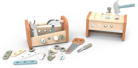 Speedy Monkey 2in1 Werkzeugkasten und Werkbank, Werkzeugkasten 25x13,5x15cm bunt, Holz Spielzeug für Kinder, Liebevolle Details- tolle Geschenkidee