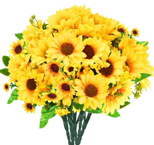 Luabue 6pcs Kunstblumen Deko Frühling Sonnenblumen Seidenblumen wie Echt Künstliche Blumen 32cm Plastikblumen Sonnenblumen für Vase Wohnzimmer Tischdeko Balkon Garten Hochzeit