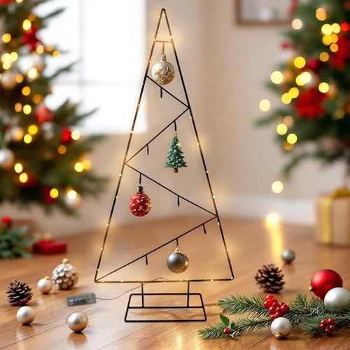 LED Metall Tannenbaum schwarz mit 9 Haken - 77 cm - Deko Ständer für Zierschmuck Batterie betrieben - Advent Weihnachts Dekoration