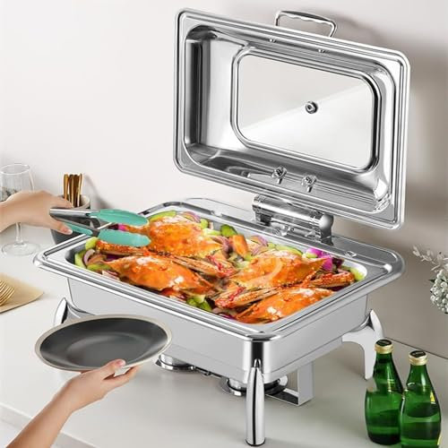 FLNOZAMZ Chafing Dish Buffet Set, Stainless Steel Rectangle Buffet Warmer Sets, with Glass Lid & Lid Holder, Adjustable Temperature, for Parties Wedding (single liner)