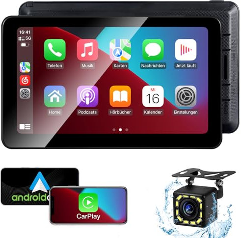 Aonerex Tragbare CarPlay Display, Wireless Android Auto mit HD Rückfahrkamera, 7 Zoll IPS Bildschirm, Bluetooth-Freisprecheinrichtung, Siri, Sprachassistent, GPS Navigation, MirrorLink, FM