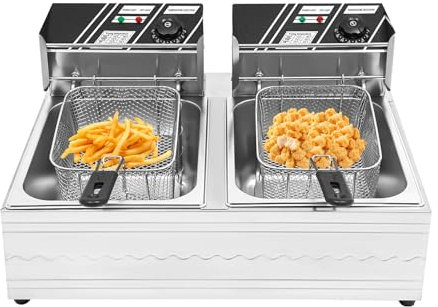 WOQLIBE Freidora doble, 12 L, con 2 cestas, temperatura ajustable (60 – 200 ℃), freidora gastro para cocina, restaurante, salón de comida – Plata (2,5 kW + 2,5 kW, 220 V)