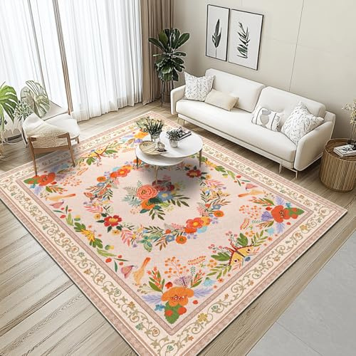 GthreeD Alfombra de salón lavable de 160 x 230 cm, beige, bohemia, de pelo corto, grande, para dormitorio, oriental, vintage, flores, suave, antideslizante, para dormitorio, comedor.