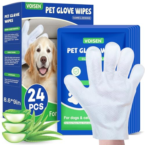 VOISEN Pet Glove Wipes for Dogs and Cats, 24 Pack Cleaning & Deodorizing Bathing Grooming Wipes,Unscented Thick Nourish Fur Glove Wipes for Pet Dry Cleaning,Daily Care and Travel