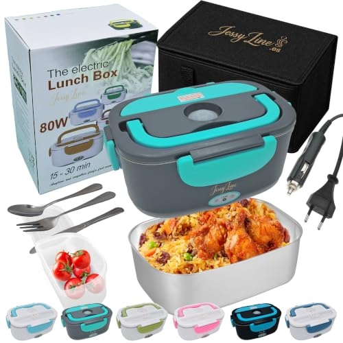 JessyLine Fiambrera eléctrica portátil moderna y versátil 80W 12V/24V/220V Coche camión y Oficina Calienta comida sin microondas lonchera contenedor acero inoxidable 1,5L Una división, Gris turquesa