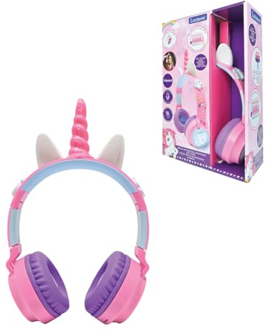 Lexibook, fällbart upplyst Bluetooth®- och sladdanslutet headset med 3D enhörningsdesign och volymbegränsning, rosa, HPBT015UNI