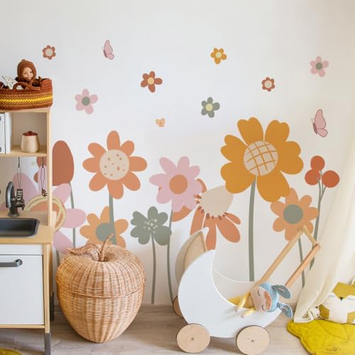WandSticker4U®- BOHO Wandtattoo Kinderzimmer BLUMEN rosa/orangen/beige groß (120x94 cm) I Wandsticker Blumen Boho Pflanzen Retro Babyzimmer I Wandaufkleber Kinderzimmer Deko Mädchen Möbelsticker XXL