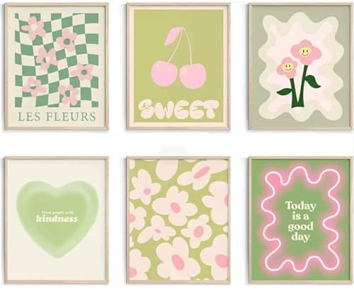 Generisch 6 Stück Blumen Bilder Poster Set Blumenmarkt Wandkunstdrucke Blumenstrauß Kirsche Herz Grün Poster Pictures Aesthetic Room Decor ohne Rahmen (40×50cm)