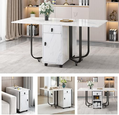 DRIXNO Klappbarer Esstisch (1-St) mit Aufschrank und 2-Schubladen, Klappbarer Küchentisch vielseitiger Tisch, Platzsparender Esstisch mit 4-Stützbeinen,Mit Riemenscheibe(Weiß/Schwarz)