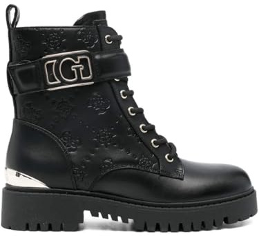 GUESS Botas Militares de Cuero Negro, Suela de Goma, Cordones y Hebilla, Diseño con Estampado Floral (Negro, Sistema tallas calzado EU, Adulto, Números, mediano, 41)