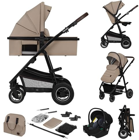LIONELO Amber 3‑i‑1 Kombivagn med Liggdelsinsats Vändbar Sittdel och i‑Size Bilbarnstol ADAC Nyfödd till 22 kg Luftfyllda Hjul UPF50+ Solskydd Kompakt Hopfällning Tillbehör Inkluderade
