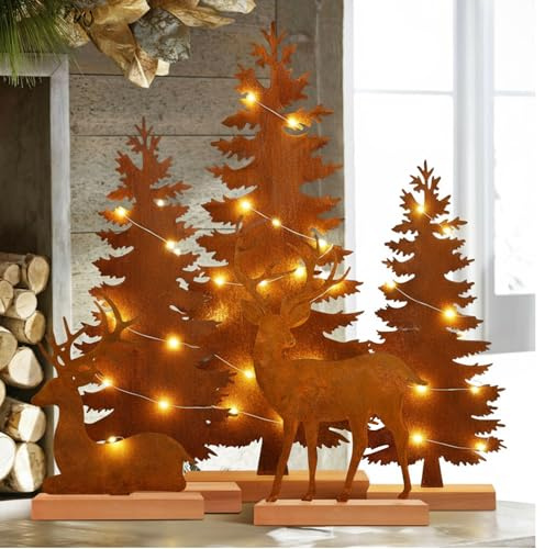 Johiux Weihnachtsdeko Innen Outdoor,5 Stück Metall-Weihnachtsbäume und Rentier mit LED-Lichterkette,Gartenstecker Deko Rehe,Rostige Vintage-Tischdekoration- Weihnachtsdekoration für den Kaminsims.