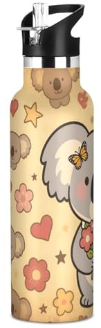 Flower Koala - Botella de agua reutilizable a prueba de fugas y sin BPA, aislada, 20 onzas con tapa de popote, aislamiento de doble pared para viajes, camping, deportes