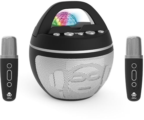 Cefa Toys - iDance Speaker Karaoke Party Ball - Bluetooth Karaoke-högtalare med 2 trådlösa mikrofoner och nattklubbslampor - 40 W bärbar - uppladdningsbart batteri - stativ för mobiltelefon och