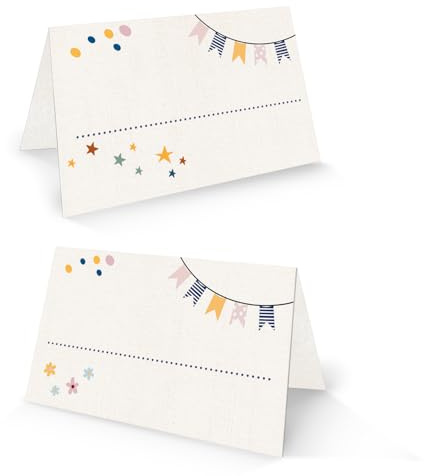 25 Stück Tischkarte Schulanfang Kindergeburtstag Babyparty 8,5x5,5 cm Klappkarte beige bunt beschriftbar für Kinder & Feste – Logbuch-Verlag