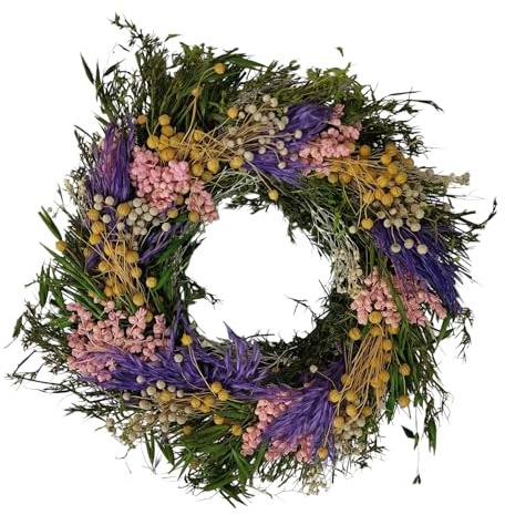 Getrockneter Blumenkranz 24 cm Durchmesser Natürliche Blumen und Gräser Plastikfrei (Grün/Lila)