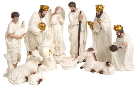 Pocoiau Estatua de resina de Navidad con establo y pesebre para el hogar, vacaciones, sagrada familia, resinas, estatua con establo