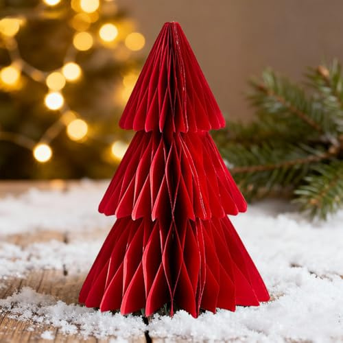 Kertaym Wabenpapier Faltbarer Weihnachtsbaum, Baumschmuck Tischdeko Weihnachten, 3D Papier Weihnachtsbaum Mit Honeycomb-Design, Baumschmuck Deko Für Esstisch Schrank Fensterbank (Rotes Groß)
