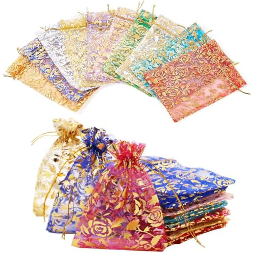 EJRUP 50 Pièces Sacs de Tulle Bijoux 7 * 9cm Roses Estampées Or 10 Couleurs Aléatoires Sacs Cadeaux Cœur,Pochette Cadeau,Pochon Tissu,Pochon