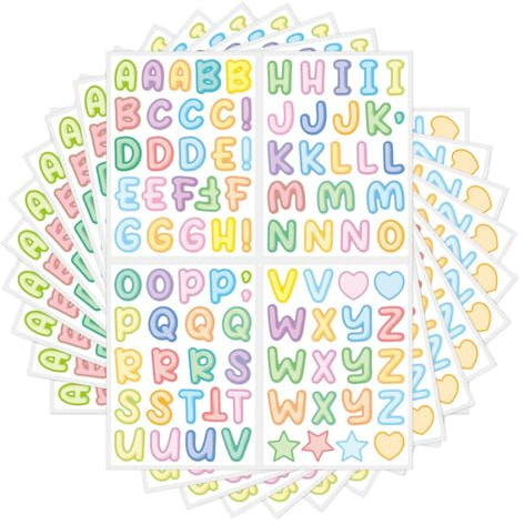 LUDHEP Adesivi Colorati con Lettere Alfabetiche, 12 Fogli, Lettere A-Z Impermeabili, con Cuori e Stelle, per Decorare Scatole Pranzo, Tazze e Oggetti Personalizzati